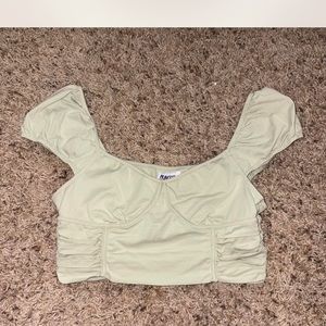 Princess Polly Green Crop Blouse with Square Neckline and Cap Sleeves